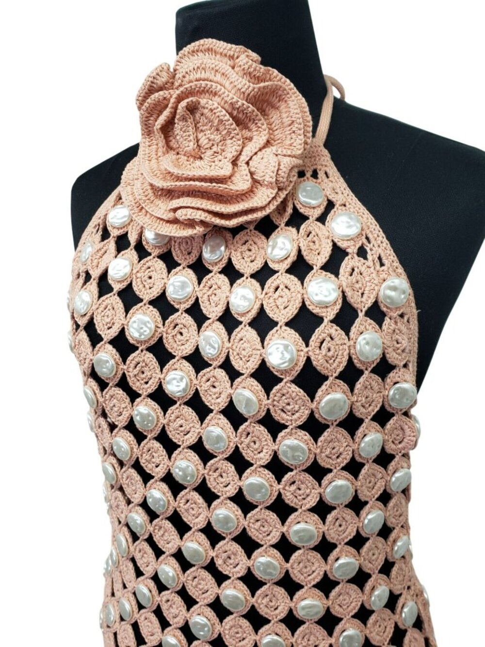 Toccin Pink Crochet Faux Mother of Pearl Button Rosette Halter Maxi Dress - Picture 2 of 15